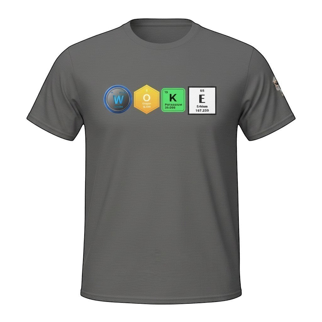 Big Daddy Allen Productions grey cotton t-shirt with "WOKE" graphic using periodic table elements.