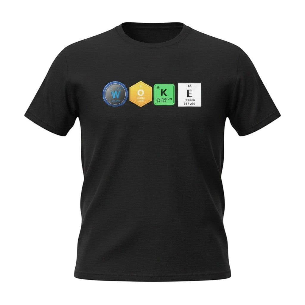 Big Daddy Allen Productions black cotton t-shirt with "WOKE" graphic using periodic table elements.