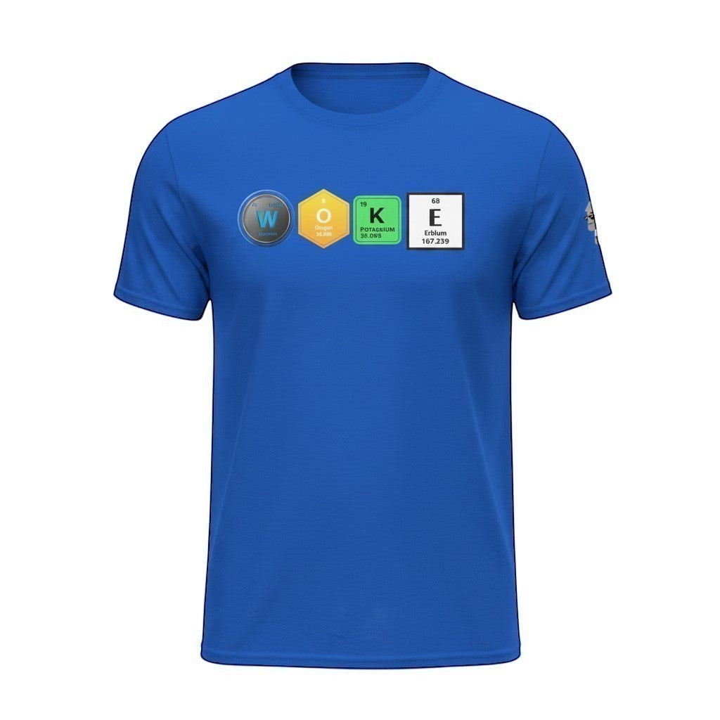 Big Daddy Allen Productions blue cotton t-shirt with "WOKE" graphic using periodic table elements.