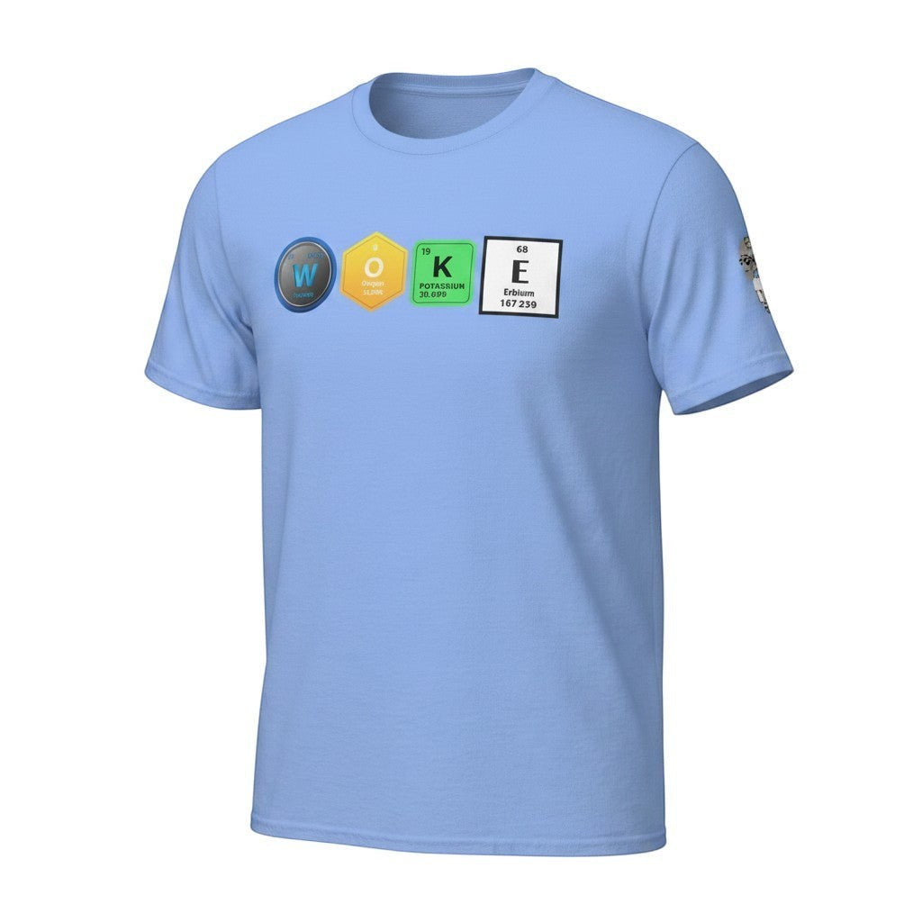 Big Daddy Allen Productions light blue cotton t-shirt with "WOKE" graphic using periodic table elements