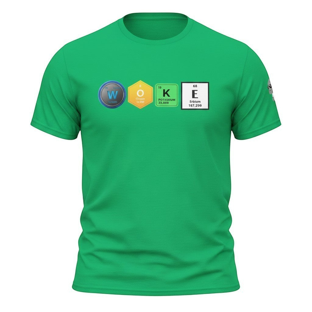 Big Daddy Allen Productions green cotton t-shirt with "WOKE" graphic using periodic table elements.