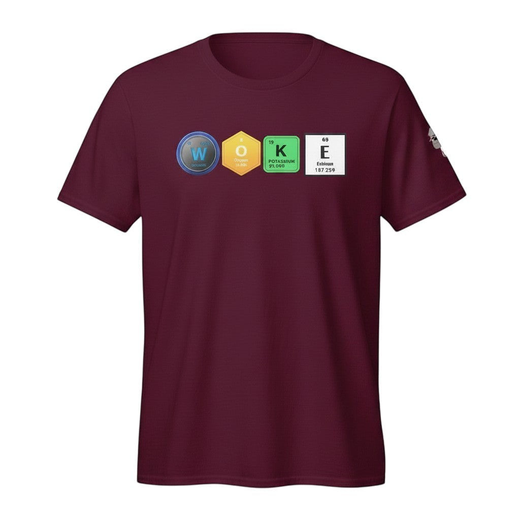 Big Daddy Allen Productions maroon cotton t-shirt with "WOKE" graphic using periodic table elements.