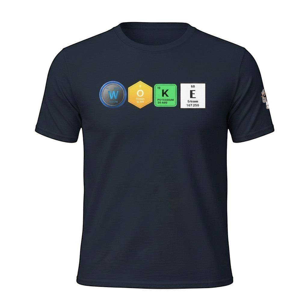 Big Daddy Allen Productions navy blue cotton t-shirt with "WOKE" graphic using periodic table elements.