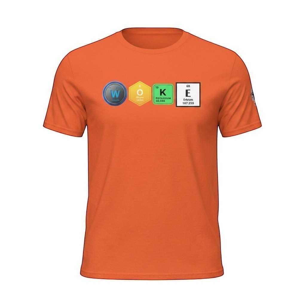Big Daddy Allen Productions orange cotton t-shirt with "WOKE" graphic using periodic table elements.