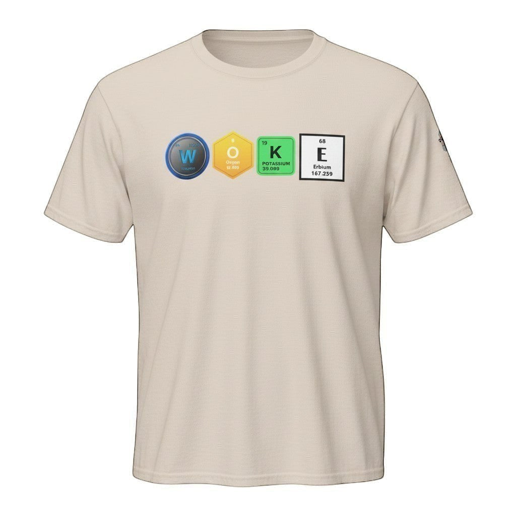 Big Daddy Allen Productions Woke Graphic T-Shirt with periodic table elements spelling WOKE. Cotton tee.