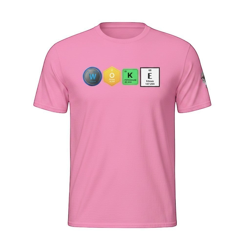 Big Daddy Allen Productions pink cotton t-shirt with "WOKE" graphic using periodic table elements.