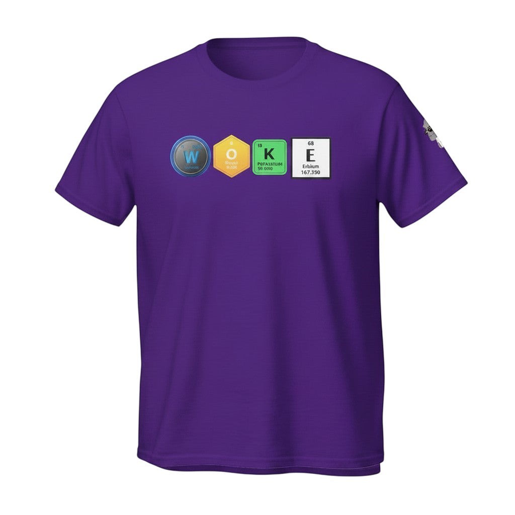 Big Daddy Allen Productions purple cotton t-shirt with "WOKE" graphic using periodic table elements.