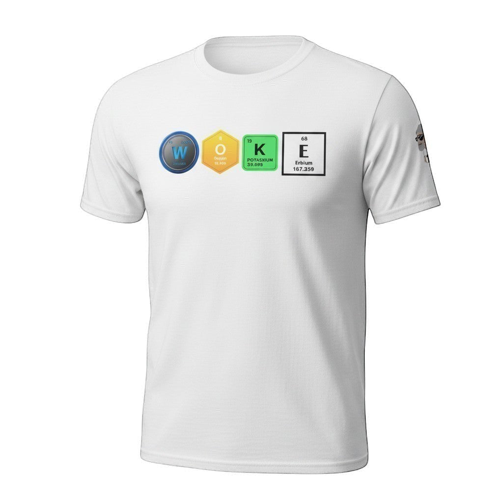 Big Daddy Allen Productions white cotton t-shirt with "WOKE" graphic using periodic table elements.