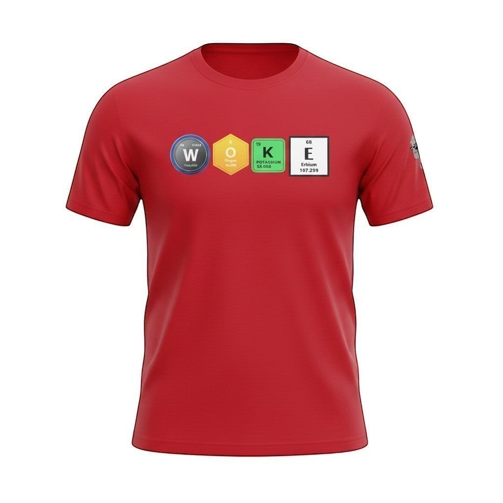 Big Daddy Allen Productions red cotton t-shirt with "WOKE" graphic using periodic table elements.