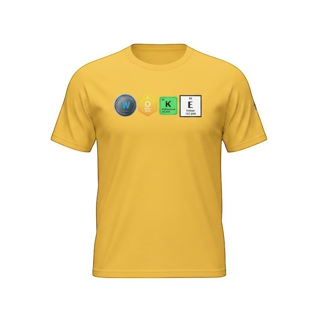 Big Daddy Allen Productions yellow cotton t-shirt with "WOKE" graphic using periodic table elements.