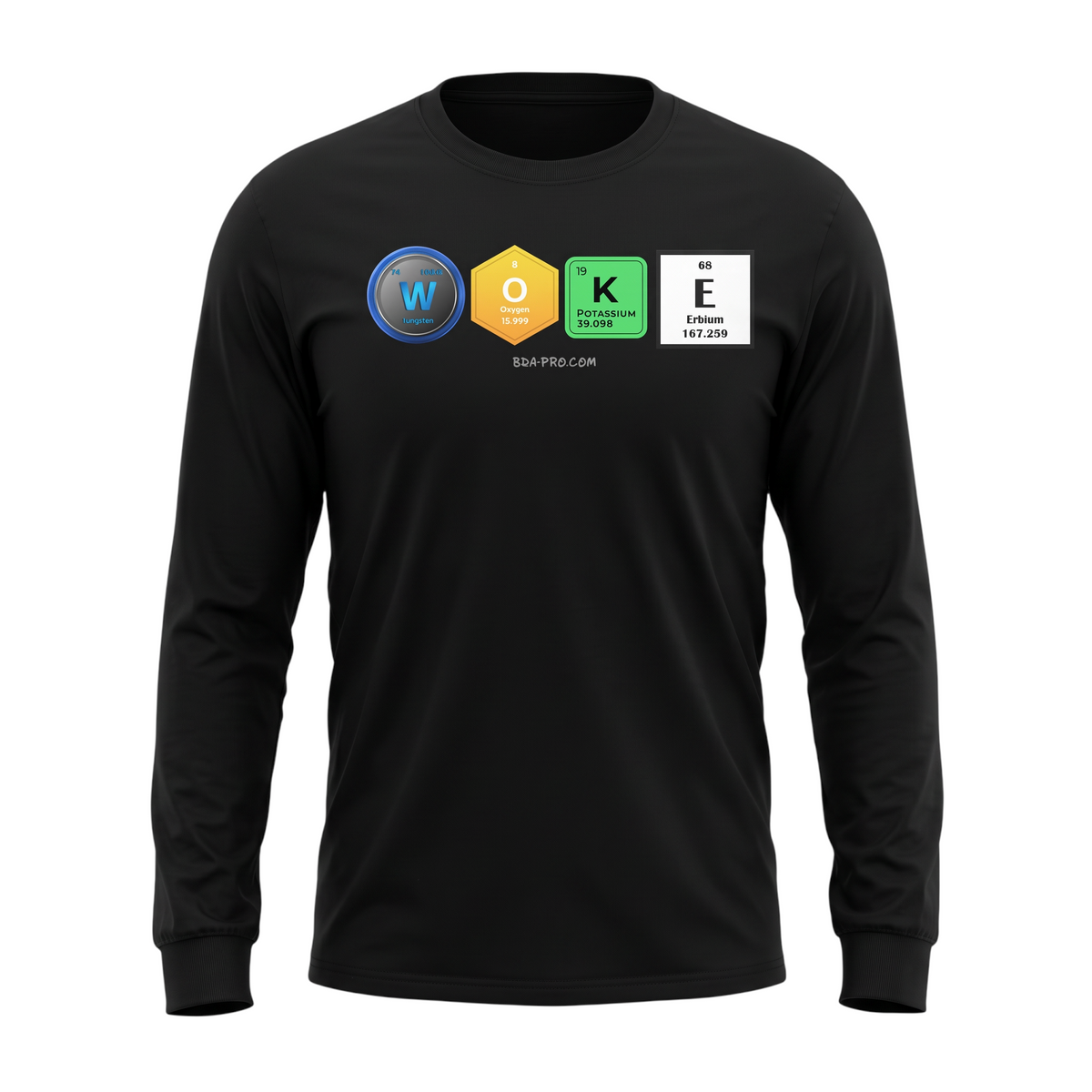 Big Daddy Allen Productions black long sleeve t-shirt featuring the word WOKE spelled with periodic table elements.