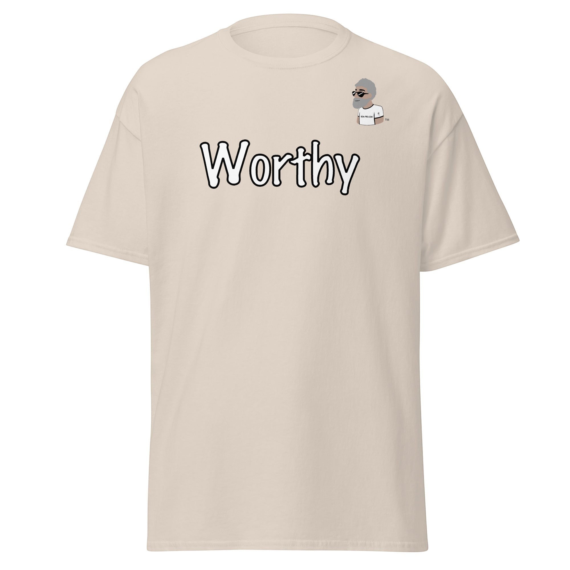 Big Daddy Allen Productions Worthy graphic t-shirt in beige cotton with a bold "Worthy" text graphic and BDA logo.