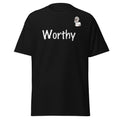 Big Daddy Allen Productions black cotton t-shirt with white "Worthy" graphic and small BDA logo on chest.