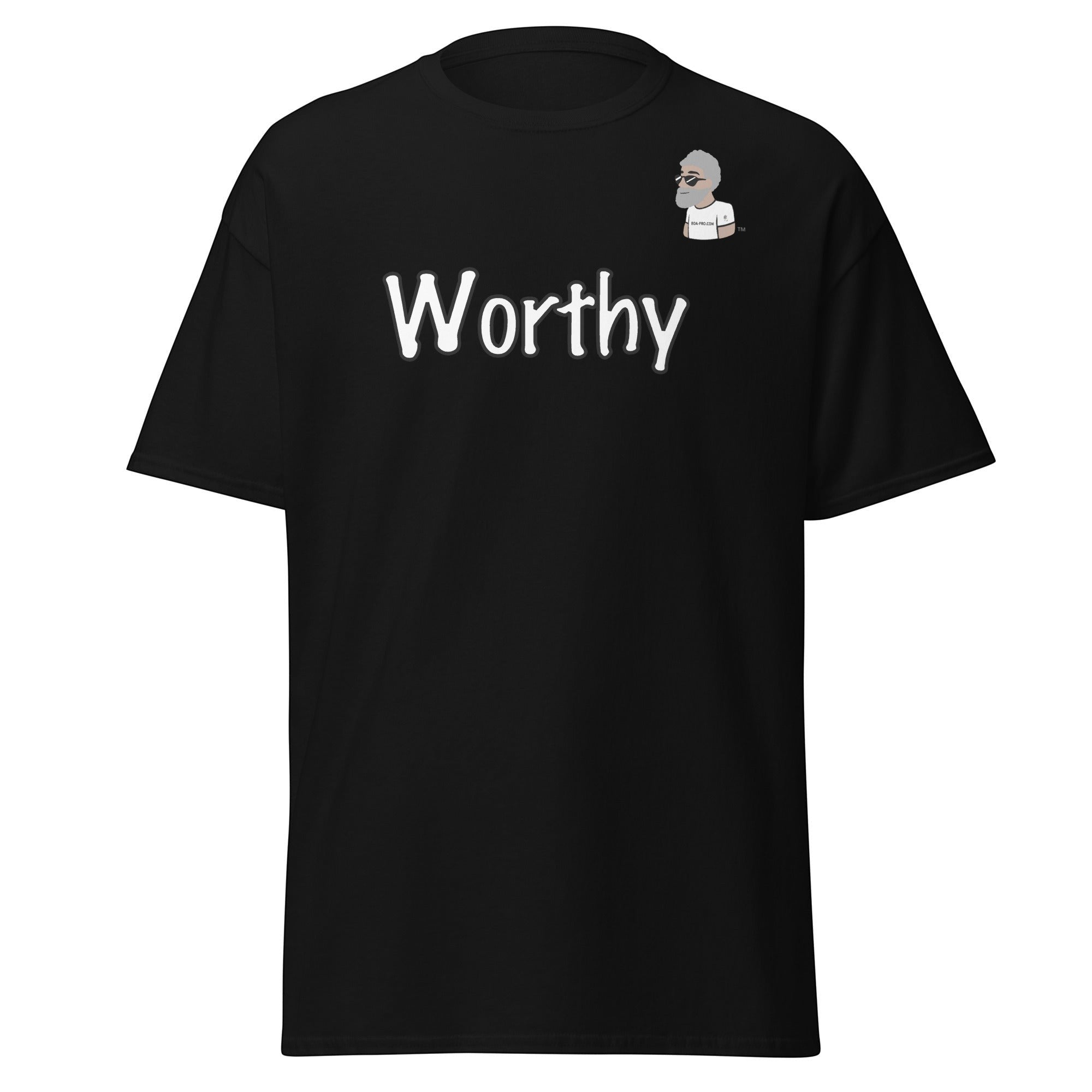 Big Daddy Allen Productions black cotton t-shirt with white "Worthy" graphic and small BDA logo on chest.