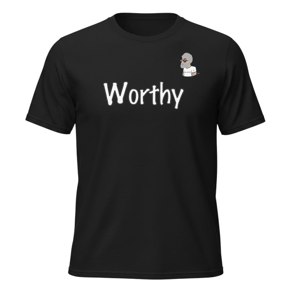 Big Daddy Allen Productions black cotton t-shirt with "Worthy" graphic and philosopher illustration.