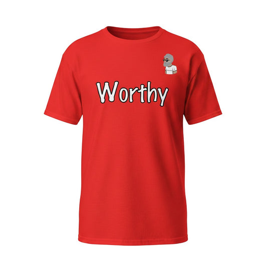 Big Daddy Allen Productions red 100% cotton t-shirt with affirmation Worthy and the BDA logo.