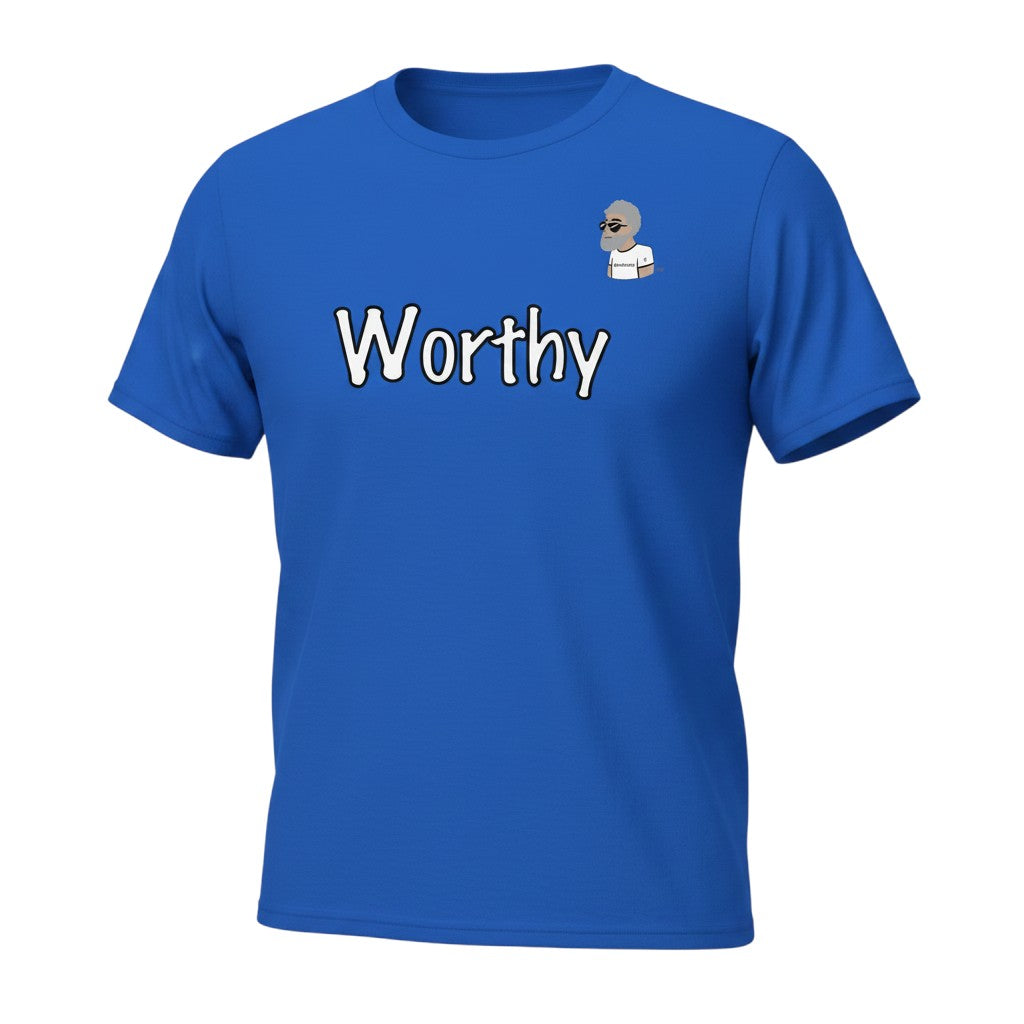 Big Daddy Allen Productions blue cotton t-shirt with "Worthy" graphic and BDA logo on chest.