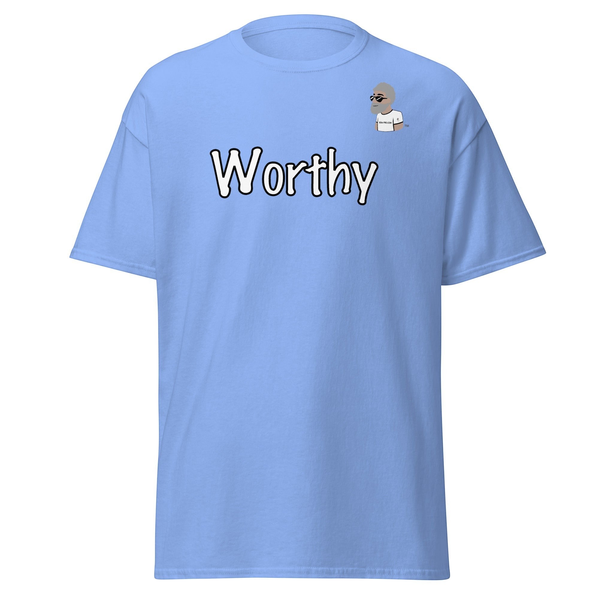 Big Daddy Allen Productions light blue cotton t-shirt with "Worthy" graphic and BDA logo on chest.