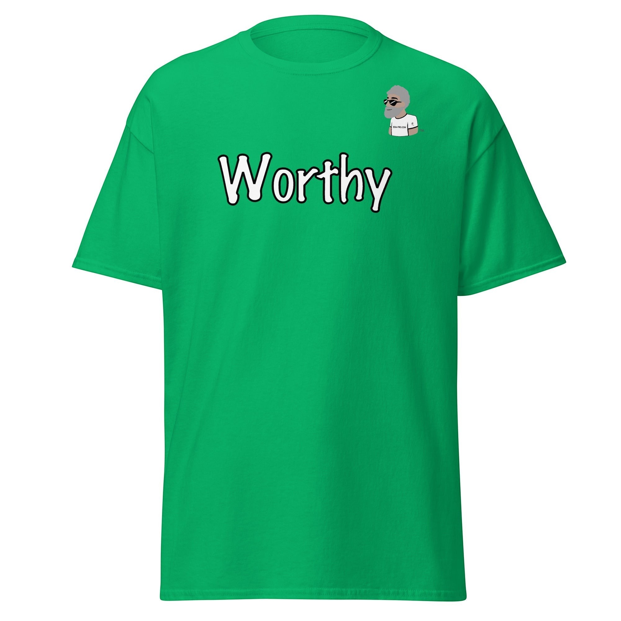 Big Daddy Allen Productions green cotton t-shirt with "Worthy" graphic and BDA logo on chest.