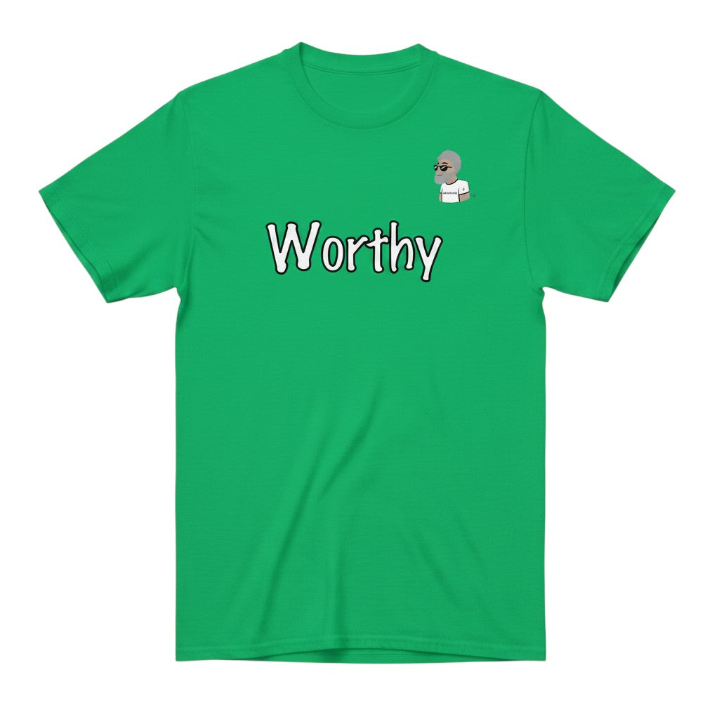 Big Daddy Allen Productions green cotton t-shirt with "Worthy" graphic and BDA logo. Classic fit, crew neck.