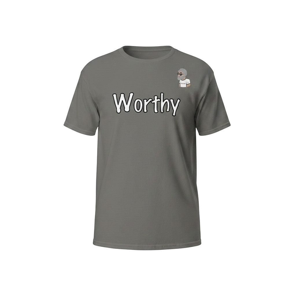 Big Daddy Allen Productions charcoal 100% cotton t-shirt with affirmation Worthy and the BDA logo.