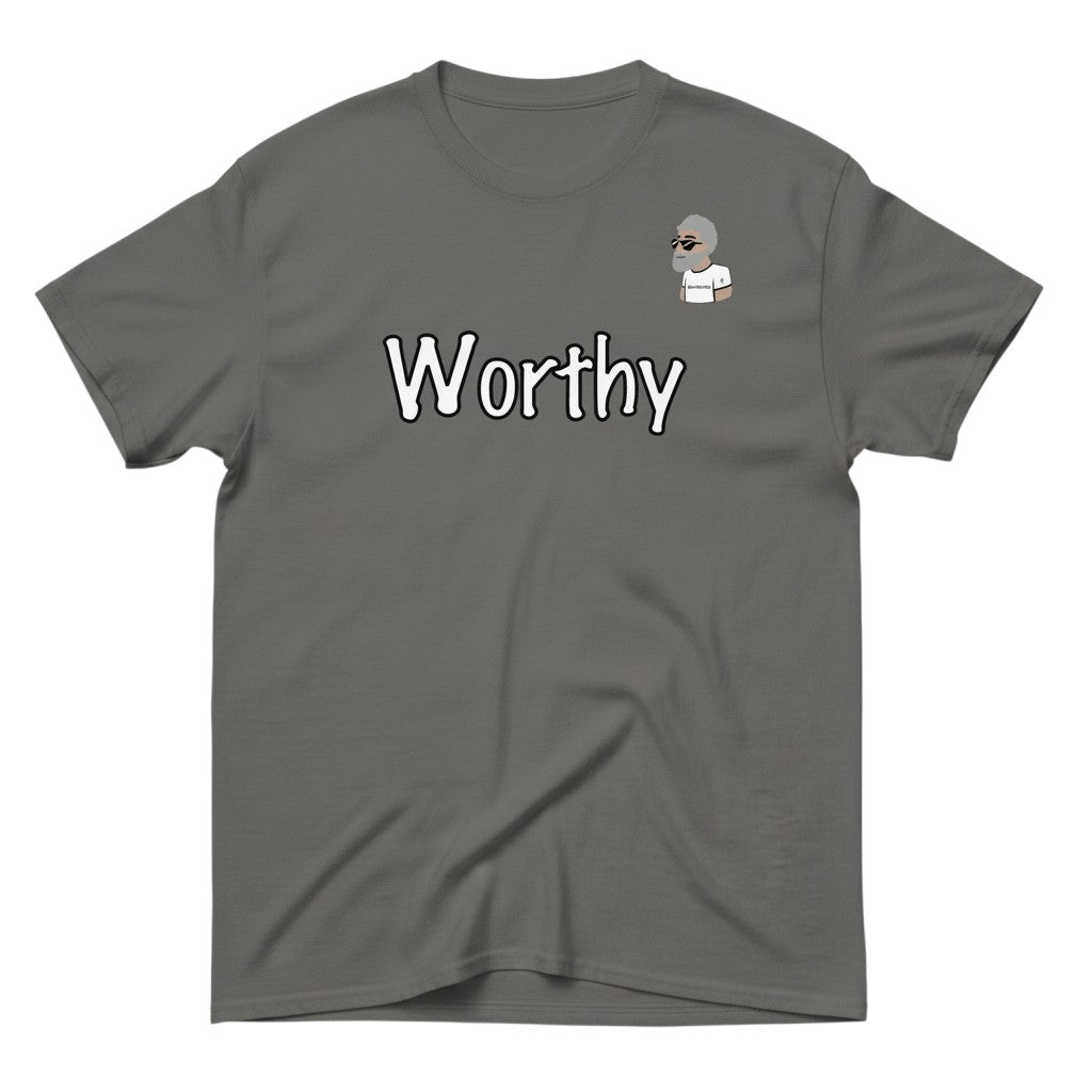 Big Daddy Allen Productions grey cotton t-shirt with "Worthy" graphic and BDA logo on chest.