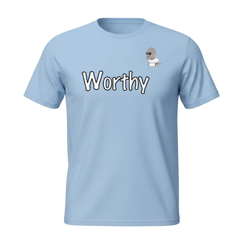 Big Daddy Allen Productions light blue cotton t-shirt with "Worthy" graphic and small BDA logo on chest.