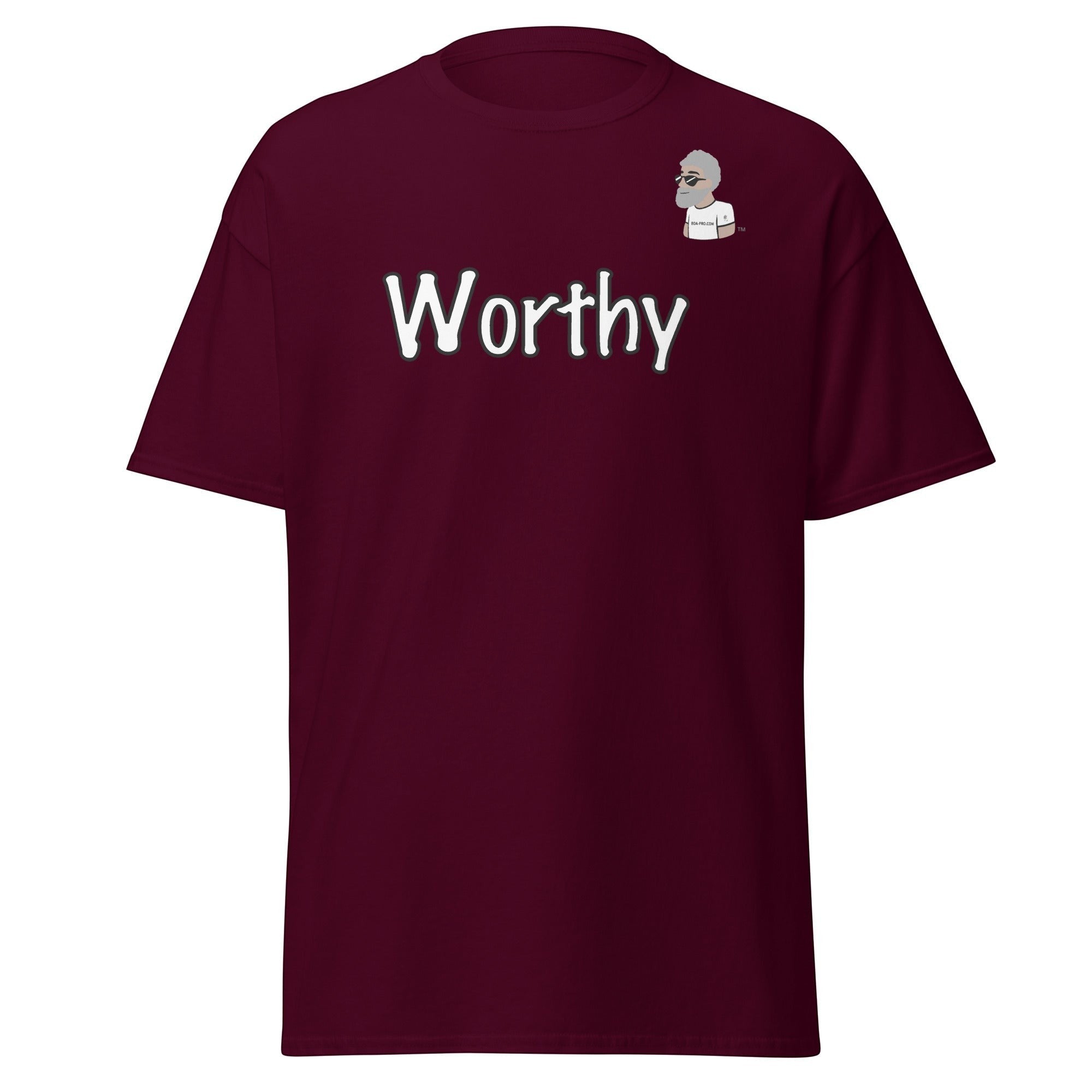 Big Daddy Allen Productions maroon cotton t-shirt with "Worthy" graphic and BDA logo on chest.