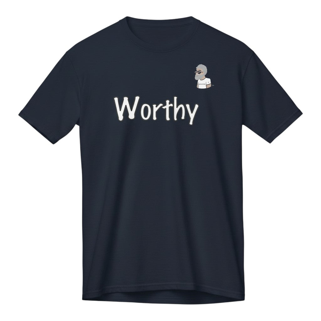 Big Daddy Allen Productions navy blue cotton t-shirt with "Worthy" graphic and BDA logo.