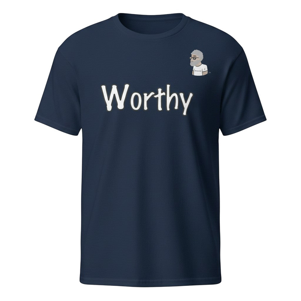 Big Daddy Allen Productions navy blue 100% cotton t-shirt with affirmation Worthy and the BDA logo.