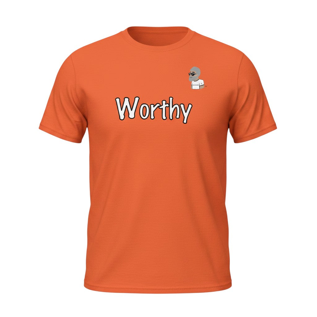 Big Daddy Allen Productions orange cotton t-shirt with "Worthy" graphic and BDA logo on chest.