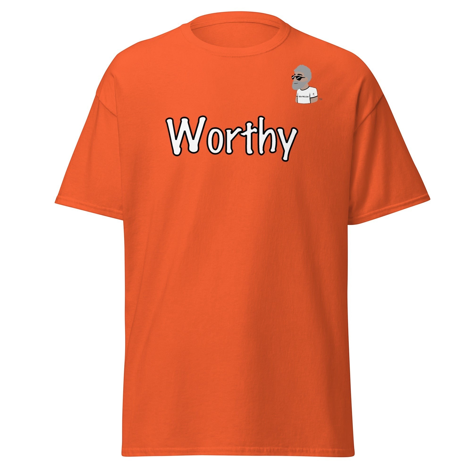 Big Daddy Allen Productions orange cotton t-shirt with "Worthy" graphic and BDA logo on chest.
