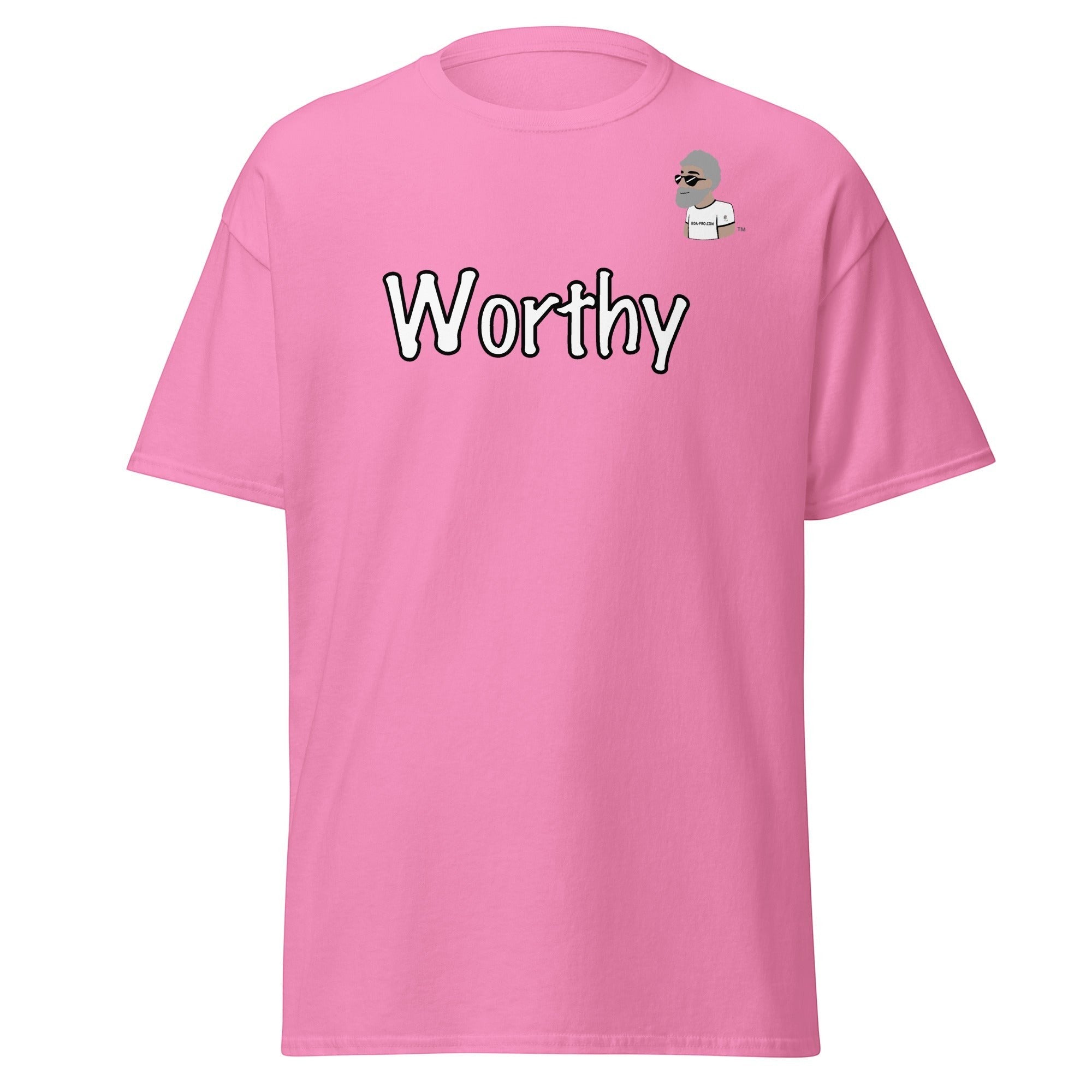Big Daddy Allen Productions pink cotton t-shirt with "Worthy" graphic and BDA logo on chest.