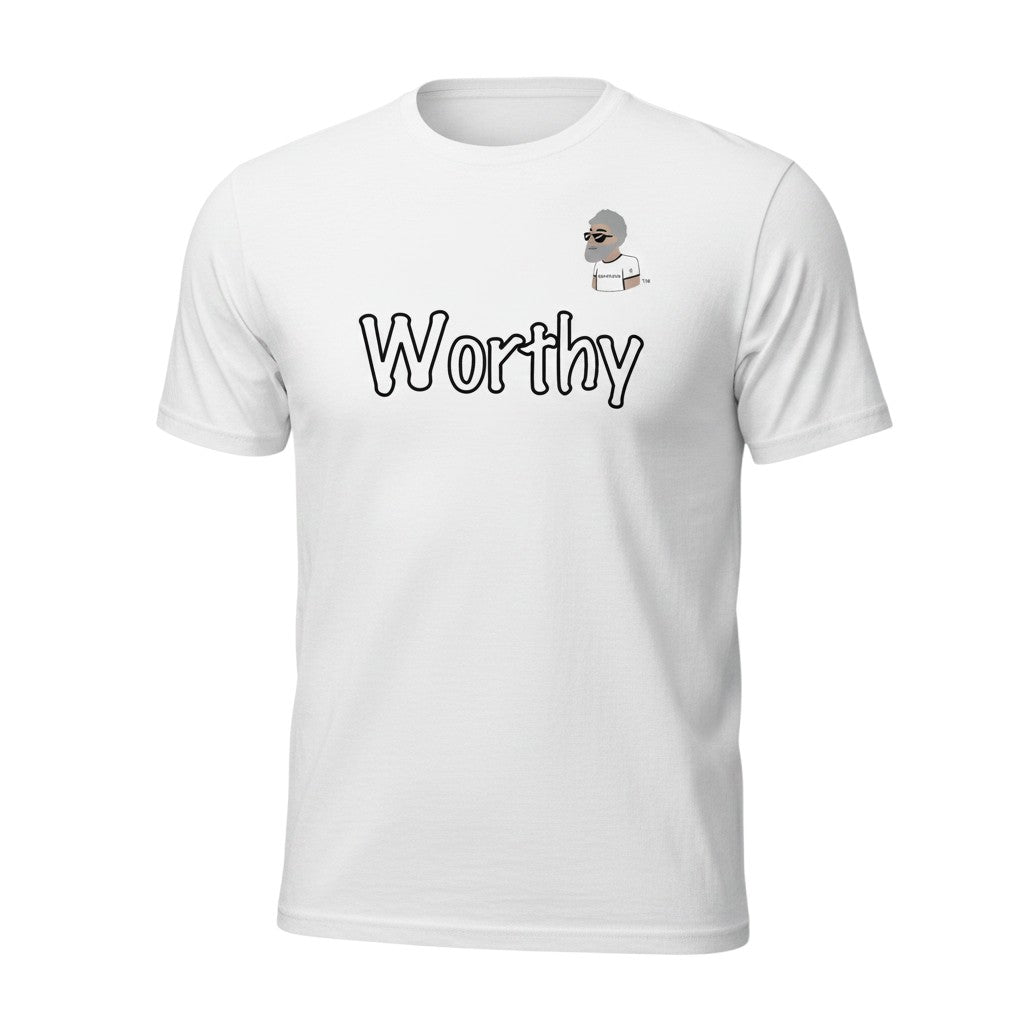 Big Daddy Allen Productions white cotton t-shirt with "Worthy" graphic and cartoon man logo.