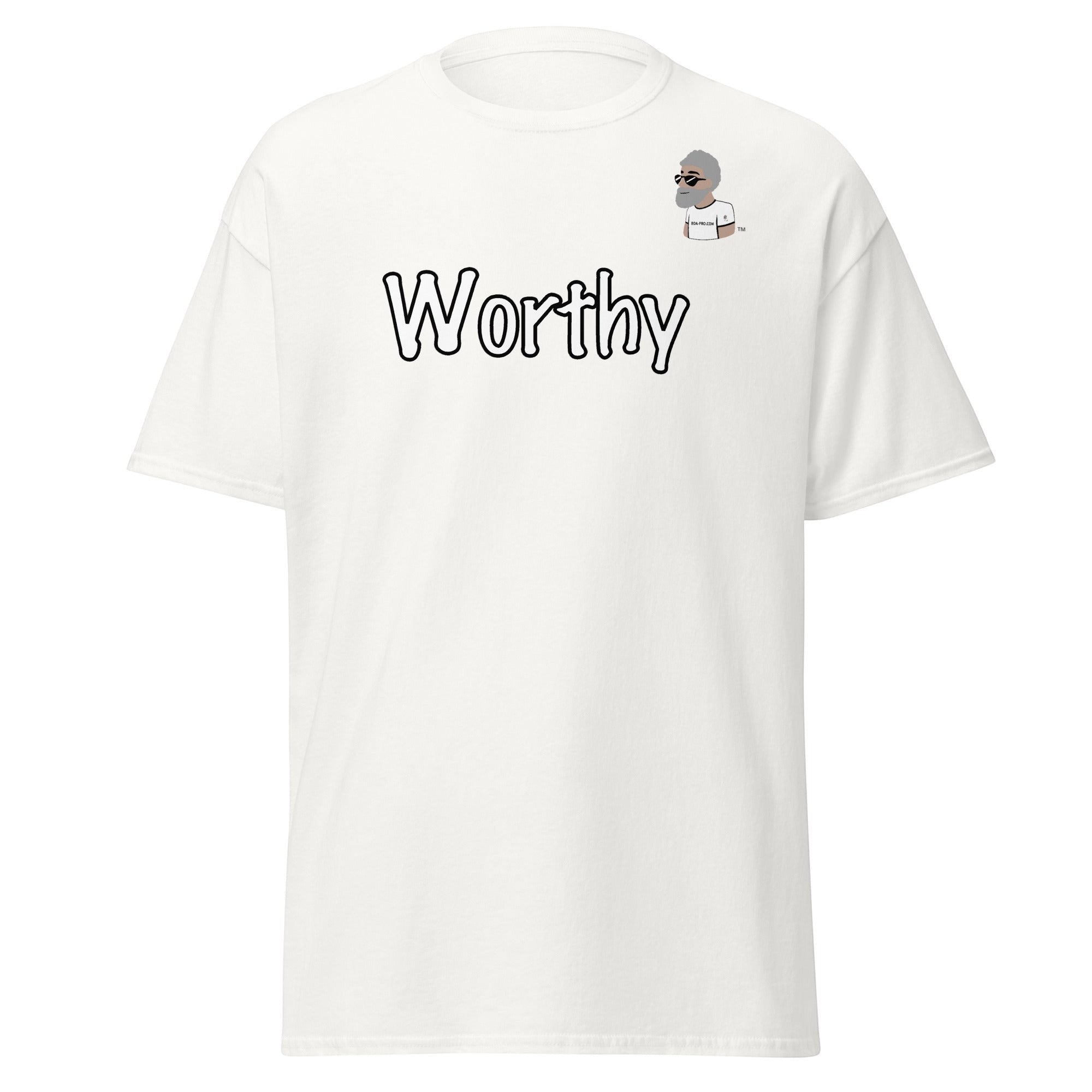 Big Daddy Allen Productions white cotton t-shirt with bold "Worthy" graphic and BDA logo.