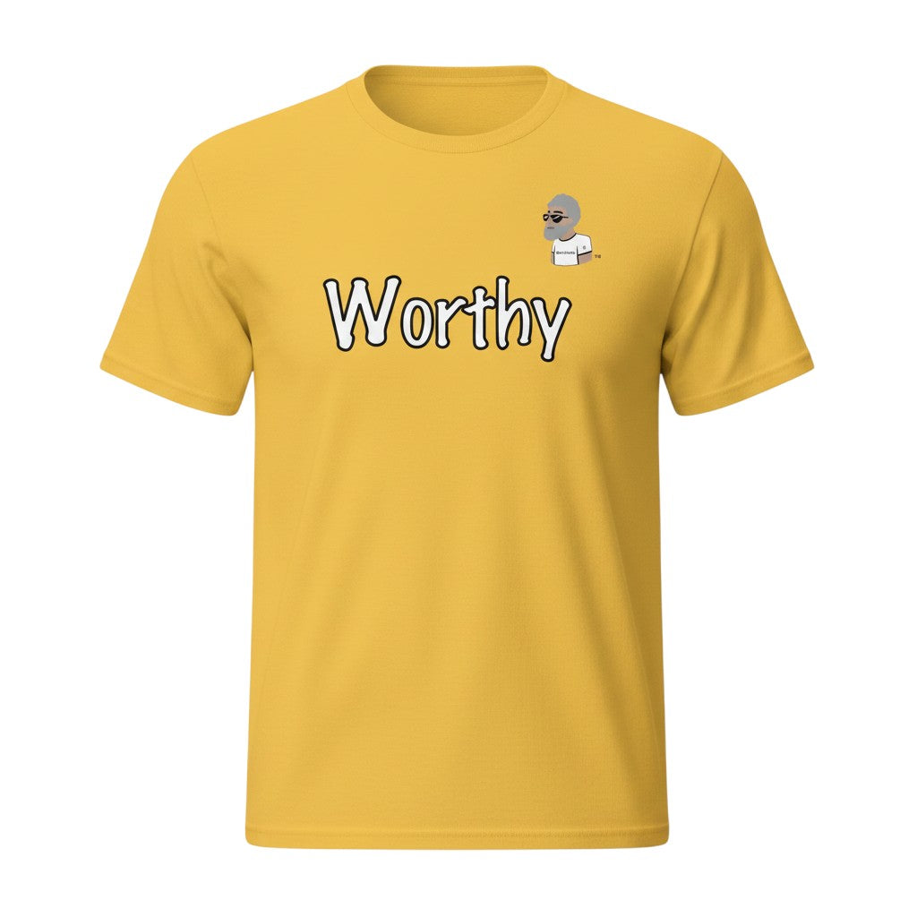 Big Daddy Allen Productions yellow cotton t-shirt with "Worthy" graphic and BDA logo. Classic fit, crew neck.
