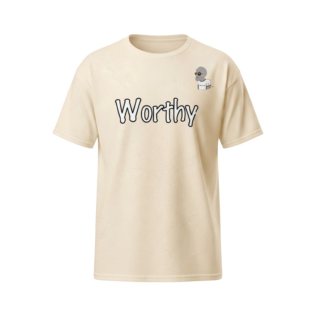 Big Daddy Allen Productions cream 100% cotton t-shirt with affirmation Worthy and the BDA logo.
