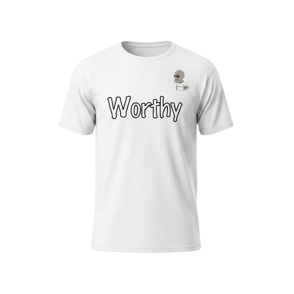 Big Daddy Allen Productions white 100% cotton t-shirt with affirmation Worthy and the BDA logo.
