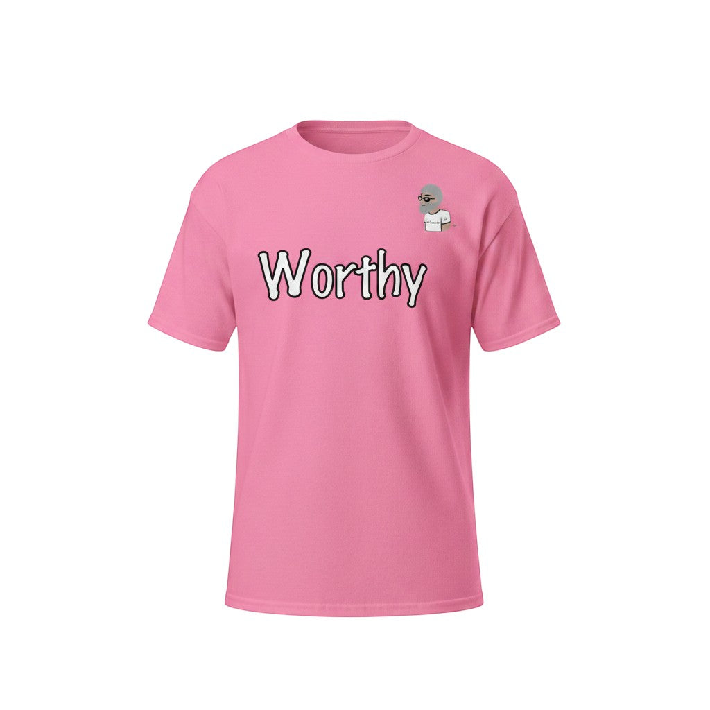 Big Daddy Allen Productions pink  100% cotton t-shirt with affirmation Worthy and the BDA logo.
