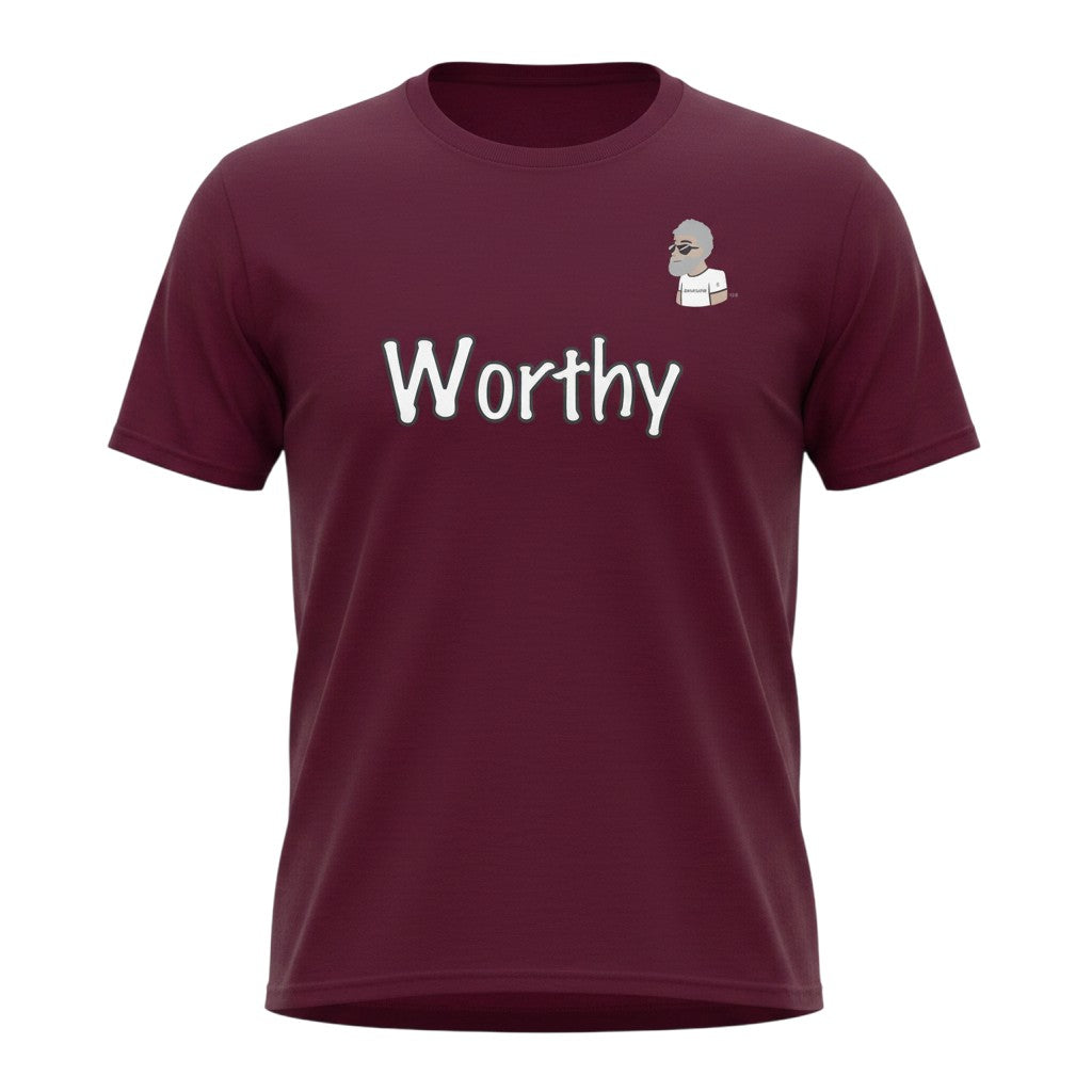 Big Daddy Allen Productions maroon cotton t-shirt with "Worthy" graphic and BDA logo. Classic fit, crew neck.