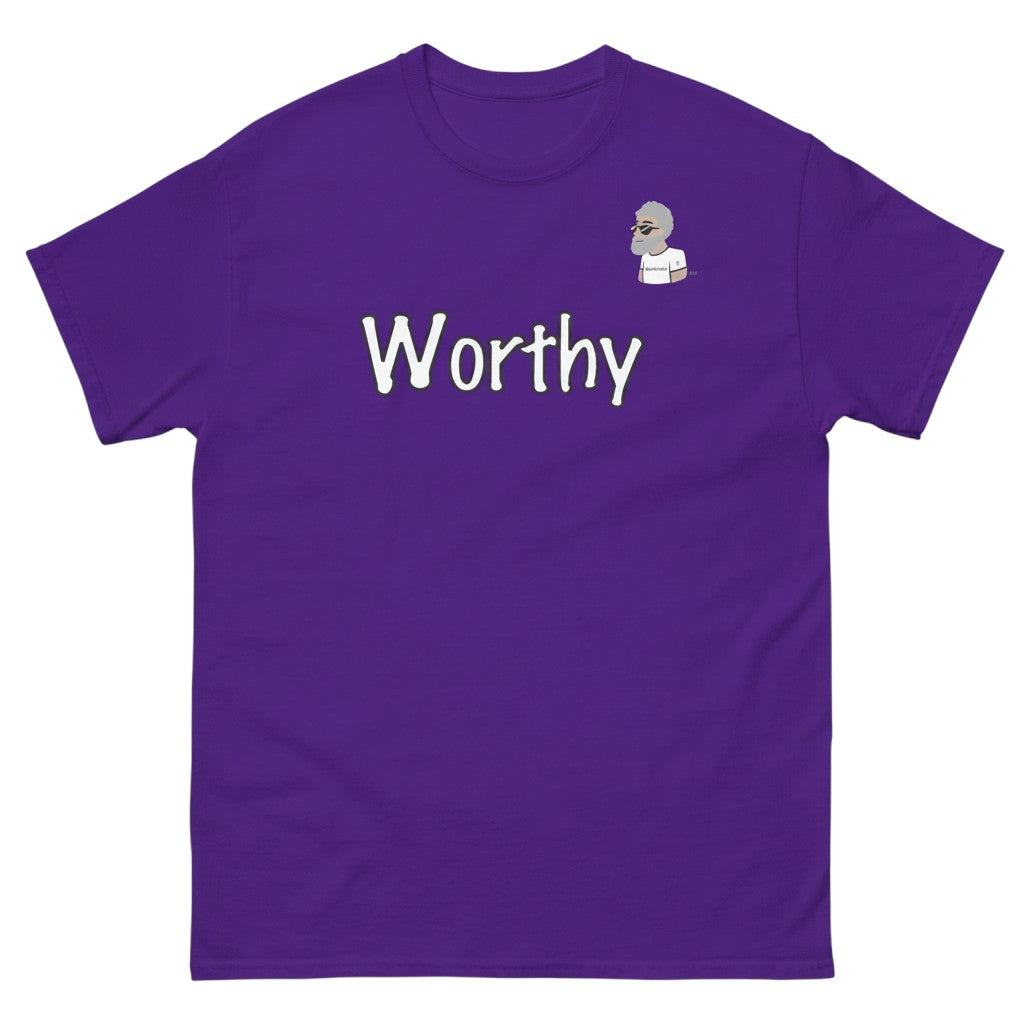 Big Daddy Allen Productions purple cotton t-shirt with "Worthy" graphic and BDA logo on chest.