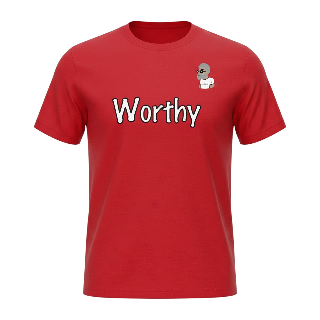 Big Daddy Allen Productions red cotton t-shirt with "Worthy" graphic and BDA logo on chest. Classic fit, crew neck.