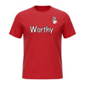 Big Daddy Allen Productions red cotton t-shirt with "Worthy" graphic and BDA logo on chest. Classic fit, crew neck.