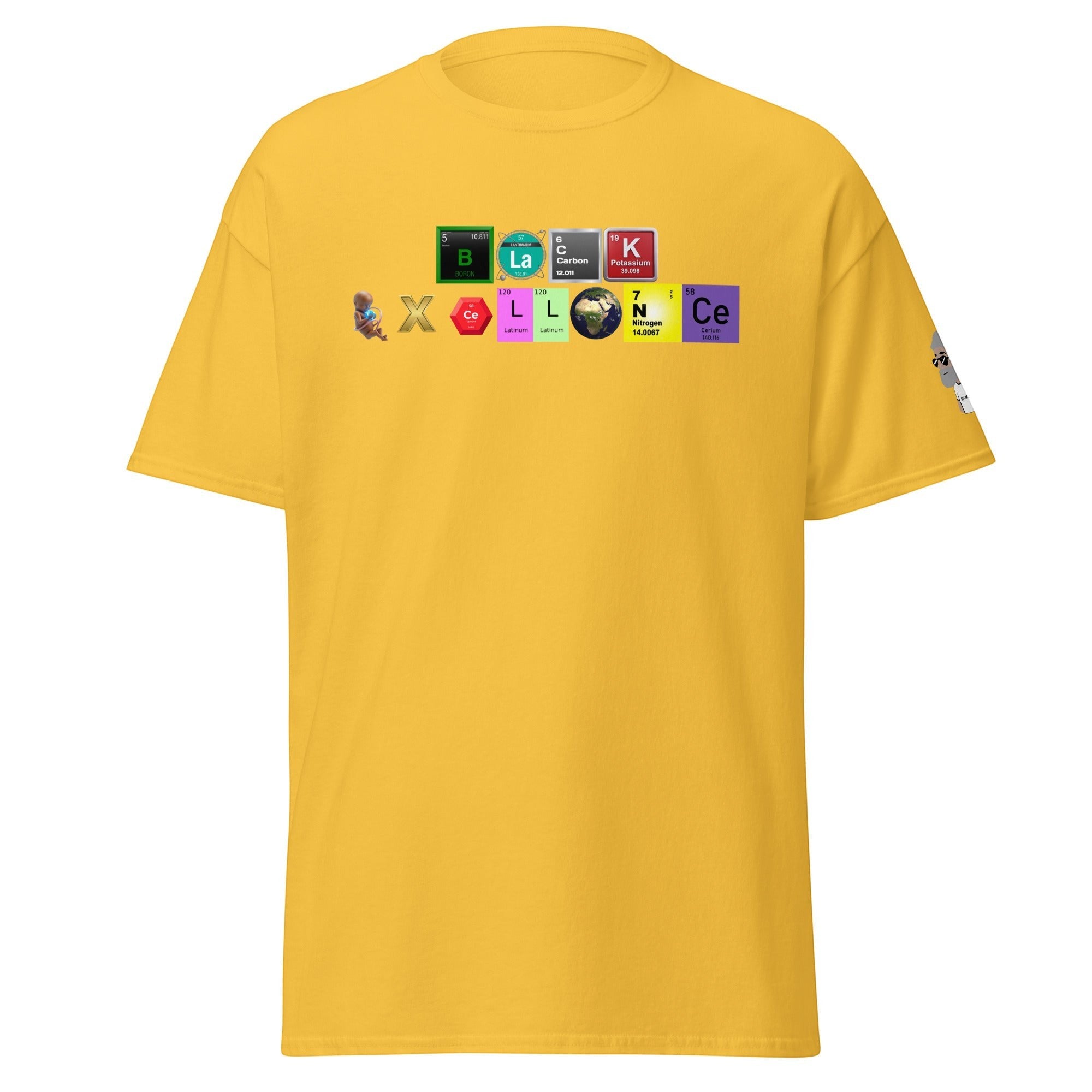 Big Daddy Allen Productions yellow graphic t-shirt featuring a periodic table design spelling out Black Excellence