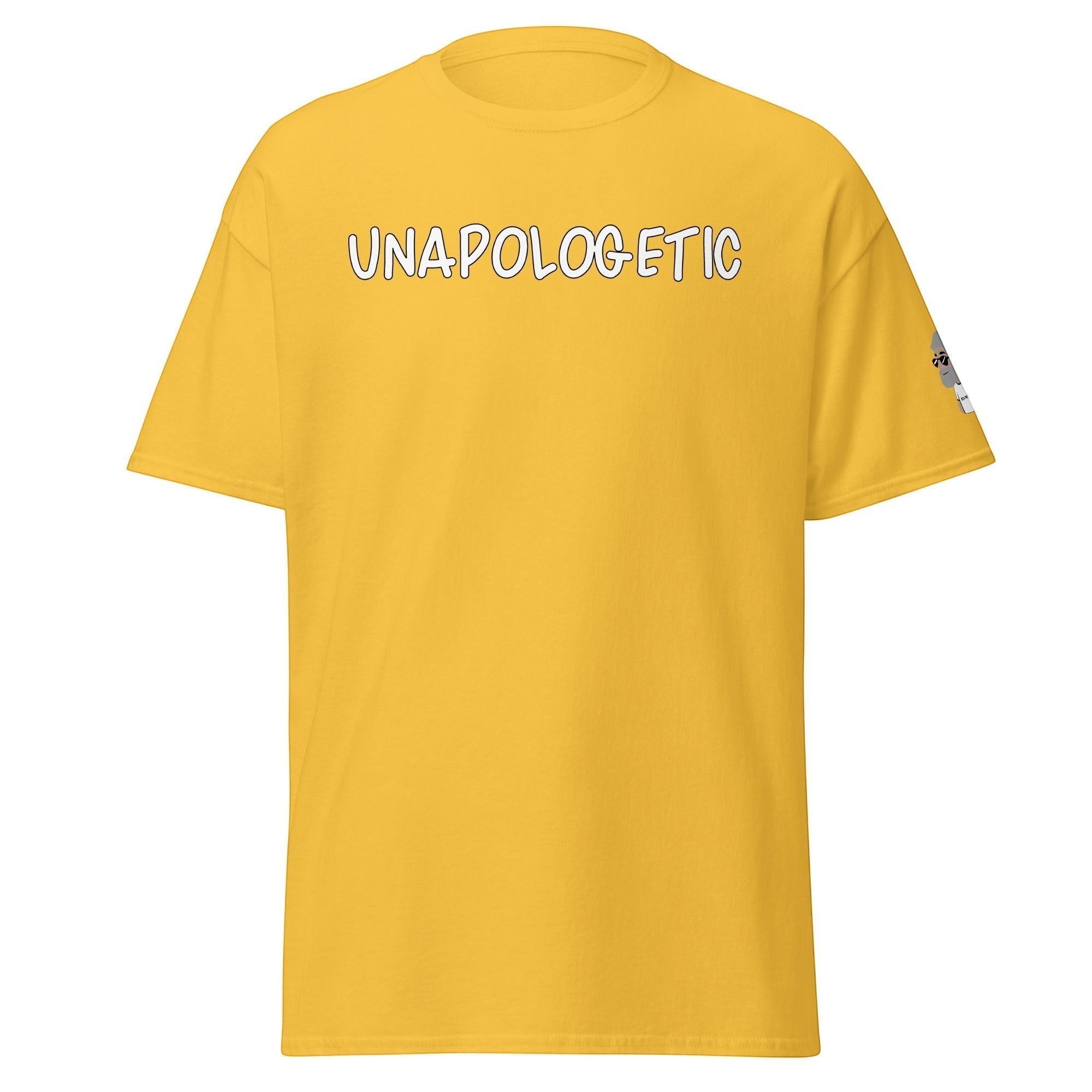 Big Daddy Allen Productions yellow Unapologetic graphic t-shirt with modern white lettering and sleeve detail.