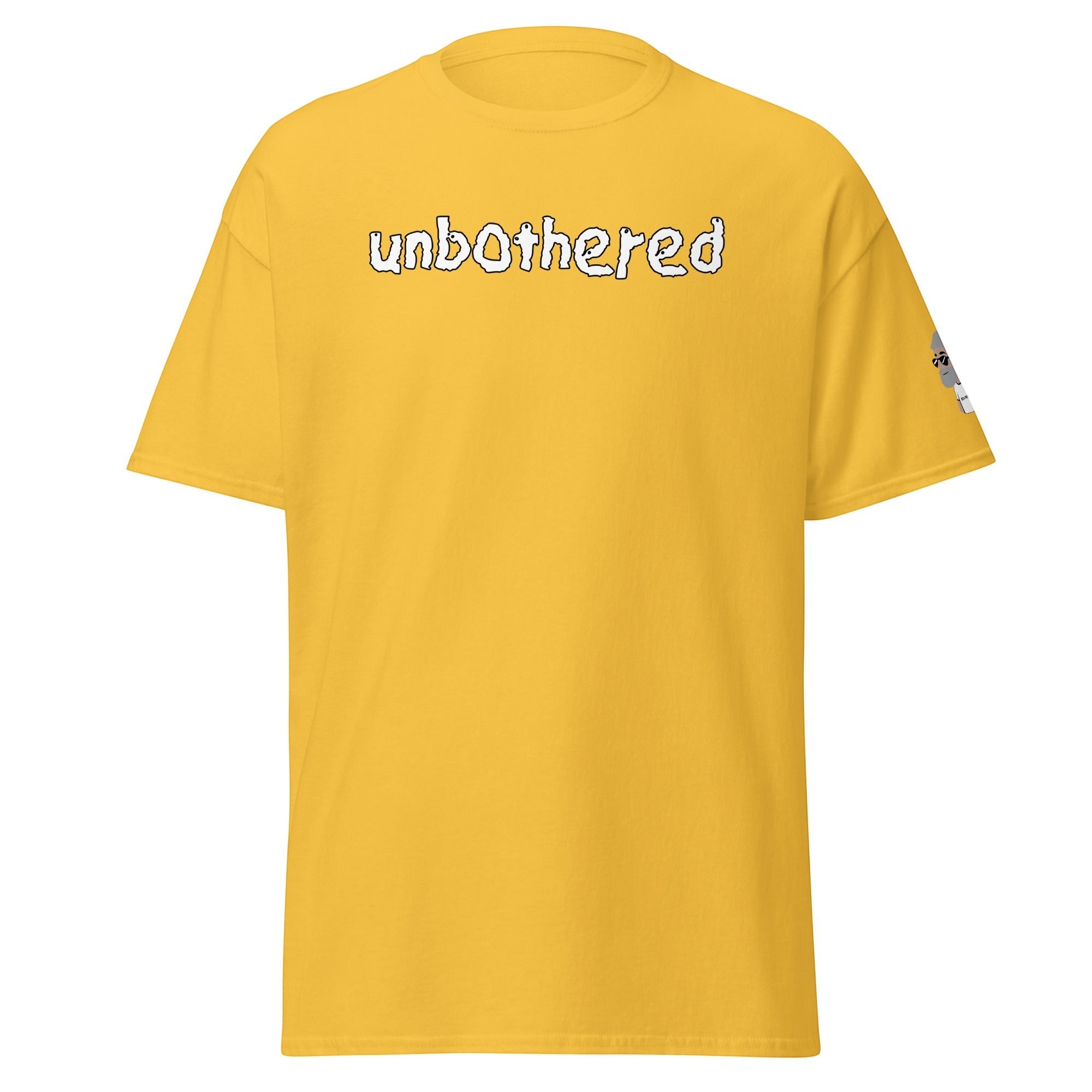 Big Daddy Allen Productions yellow graphic t-shirt with white unbothered text and a small sleeve detail