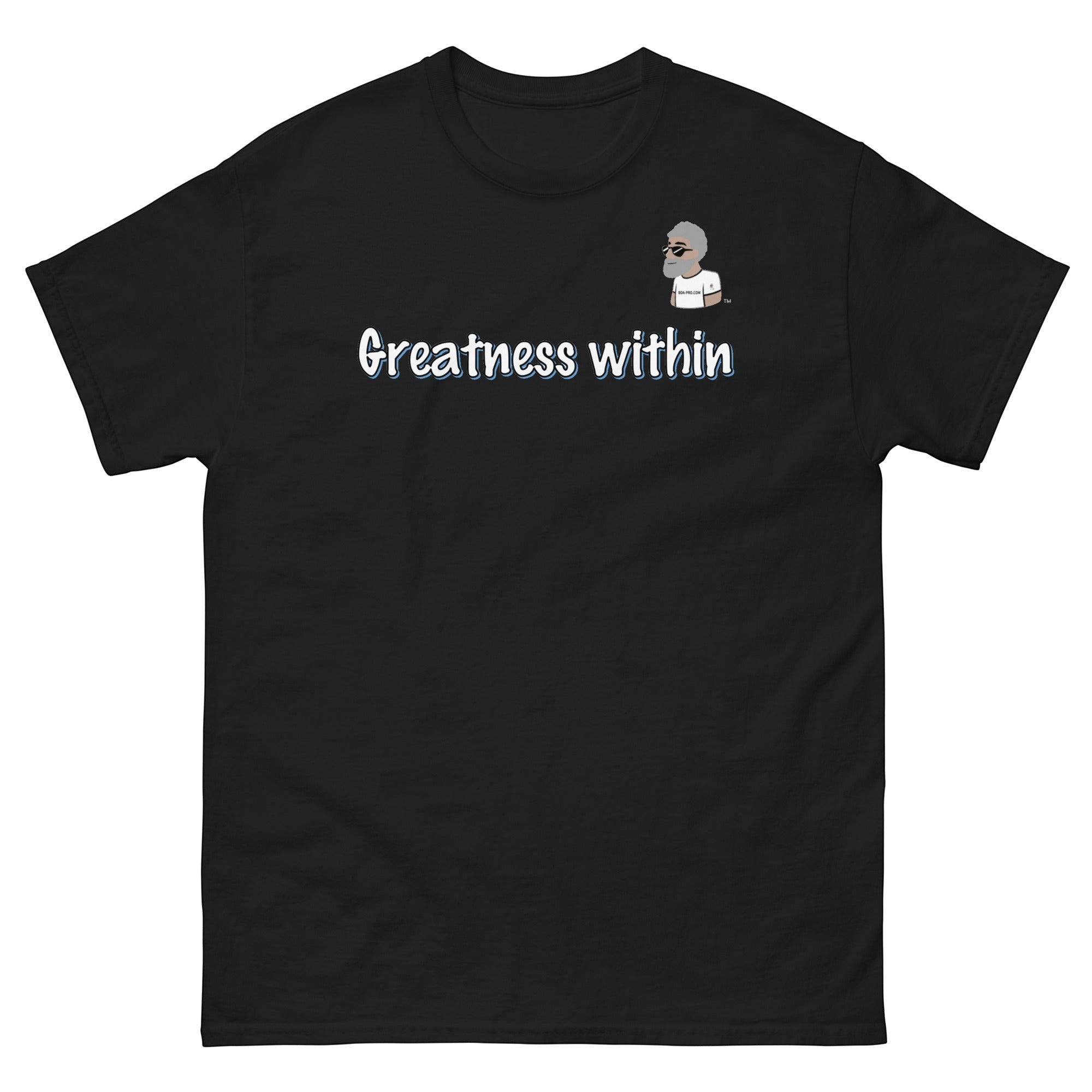 Black cotton t-shirt from Big Daddy Allen Productions with "Greatness within" graphic and BDA logo.