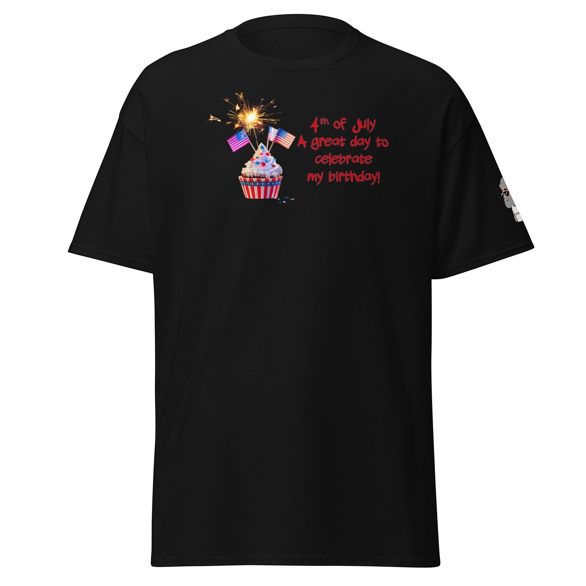 Big Daddy Allen Productions black t-shirt with a 4th of July cupcake graphic, sparklers, and American flags.