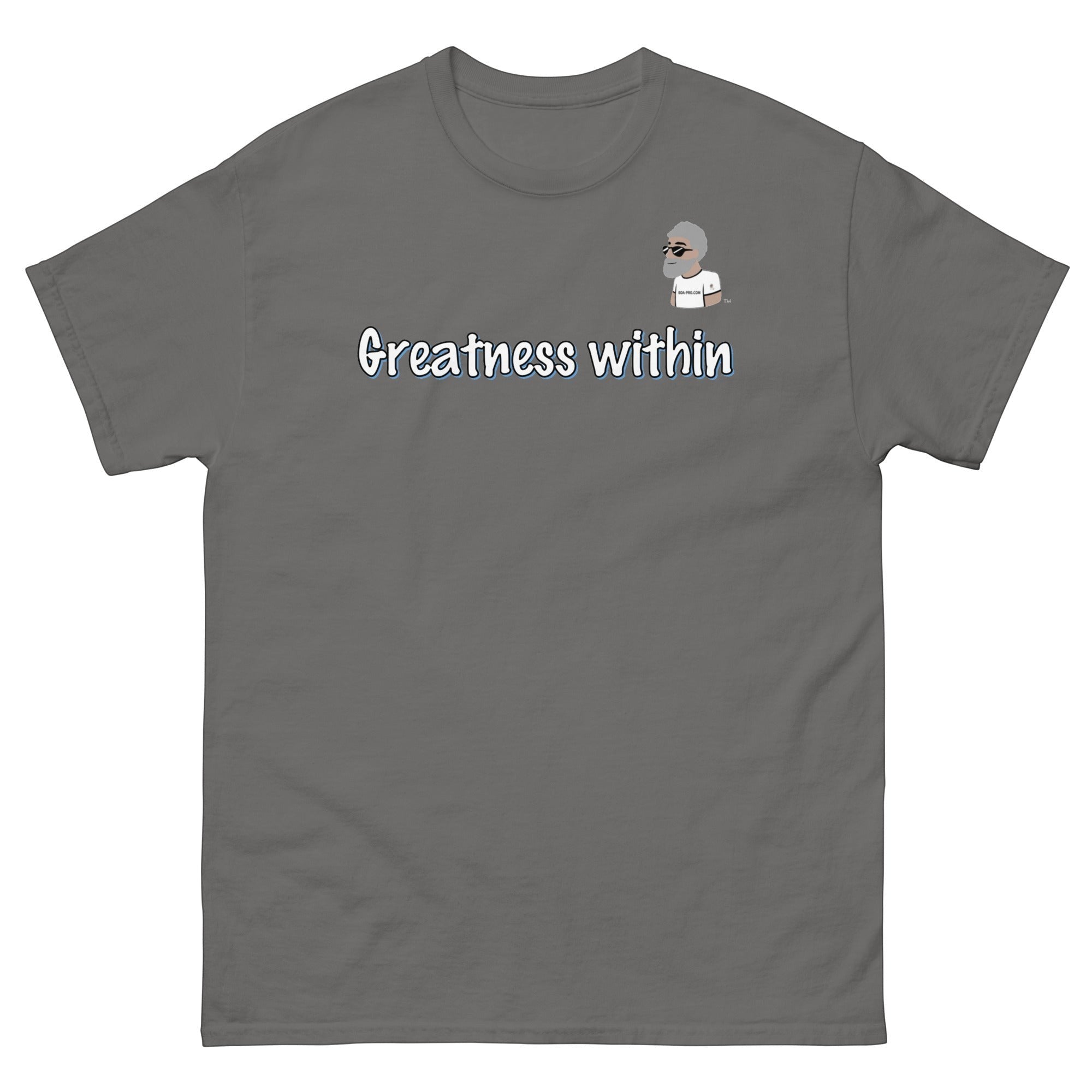 Charcoal gray cotton t-shirt from Big Daddy Allen Productions with "Greatness within" graphic and BDA logo.