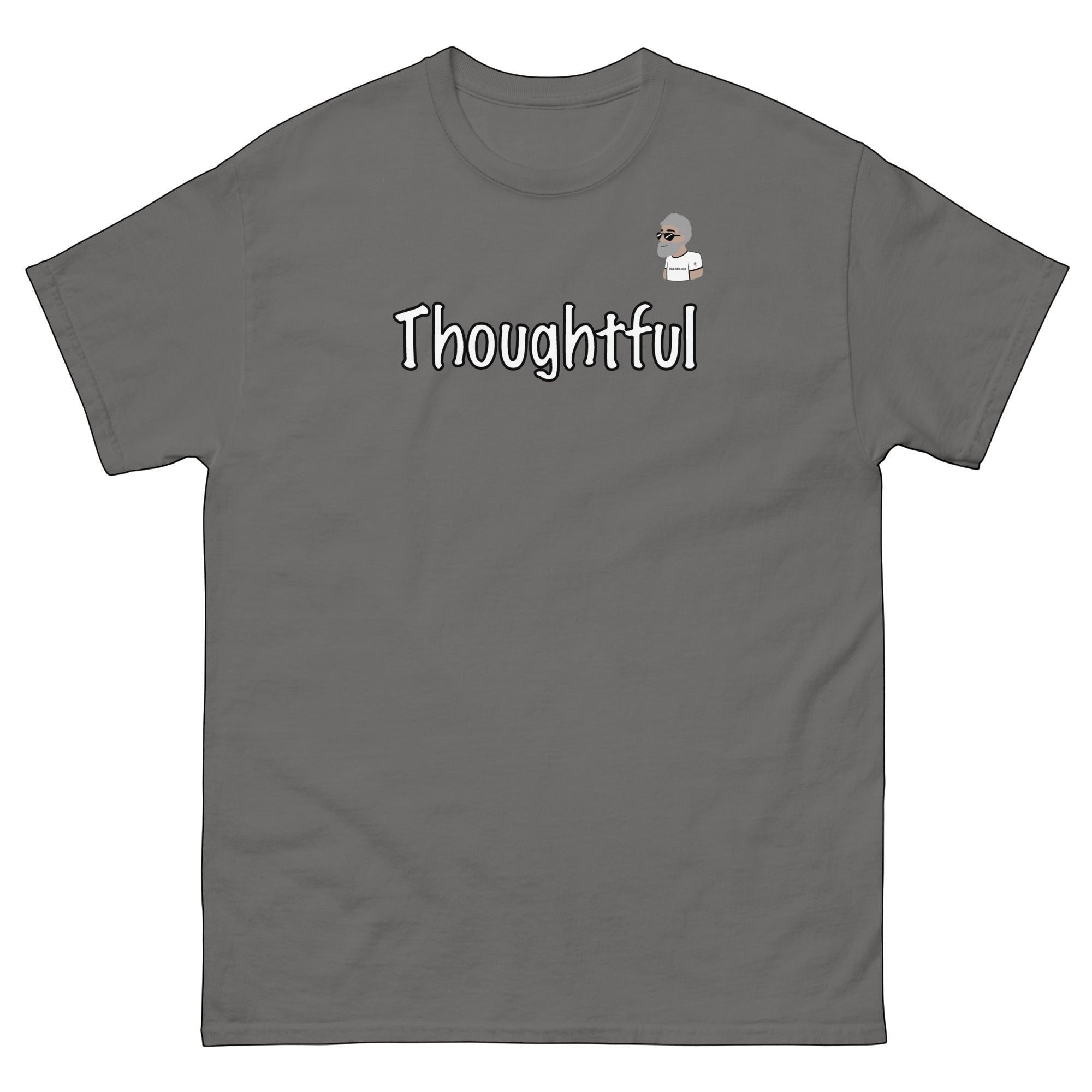 Big Daddy Allen Productions grey 100% cotton unisex t-shirt with "Thoughtful" graphic and cartoon character.